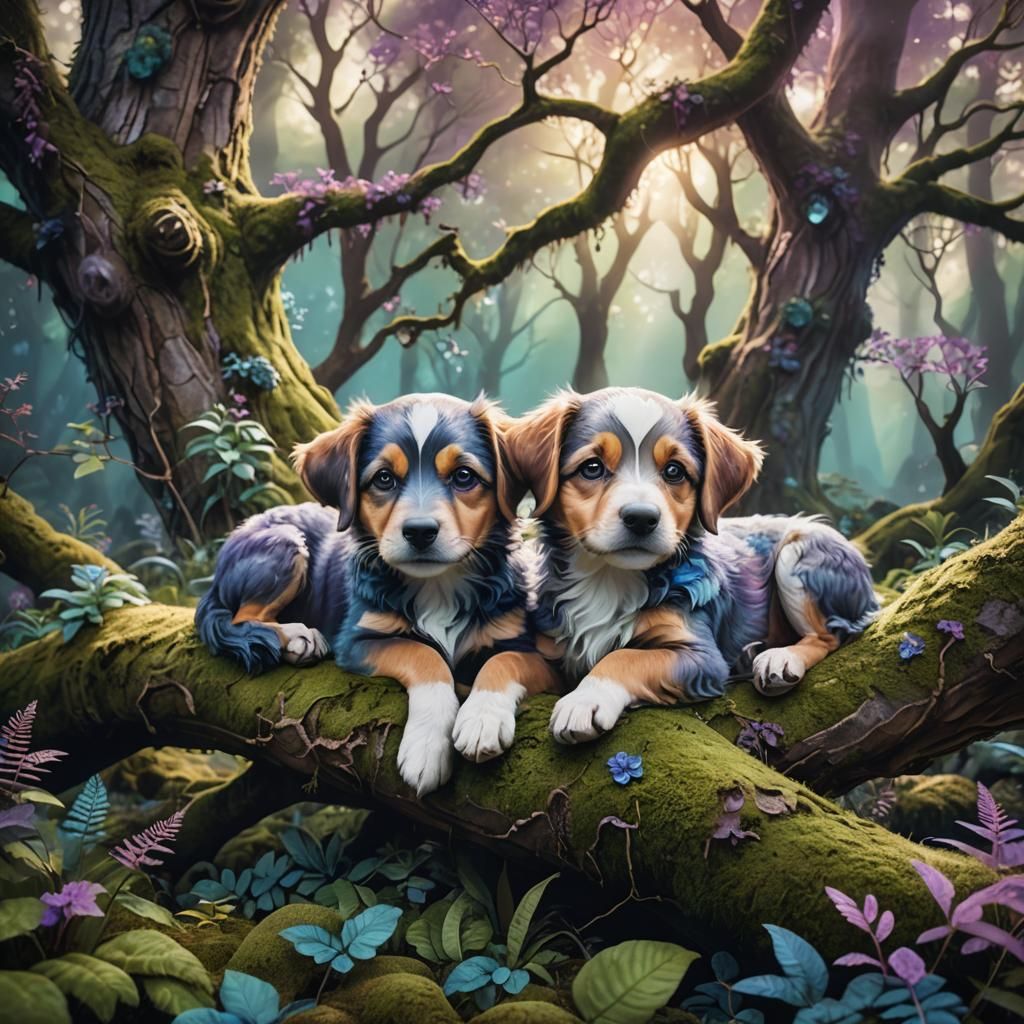 Whimsical Snuggling Pups in Mystical Forest
