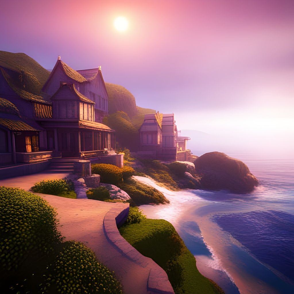 Misty Coastal Village: Detailed Matte Painting