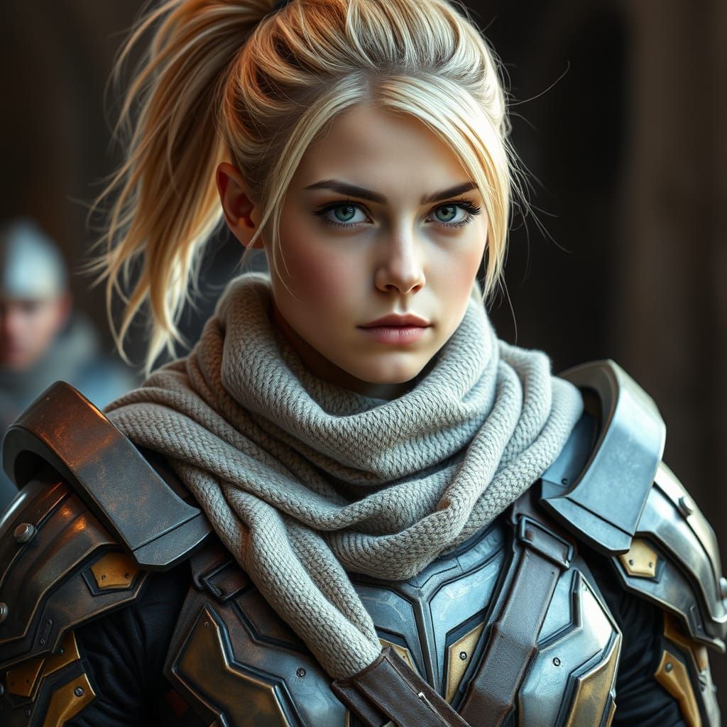 Futuristic Warrior in Metallic Gray and Gold Armor