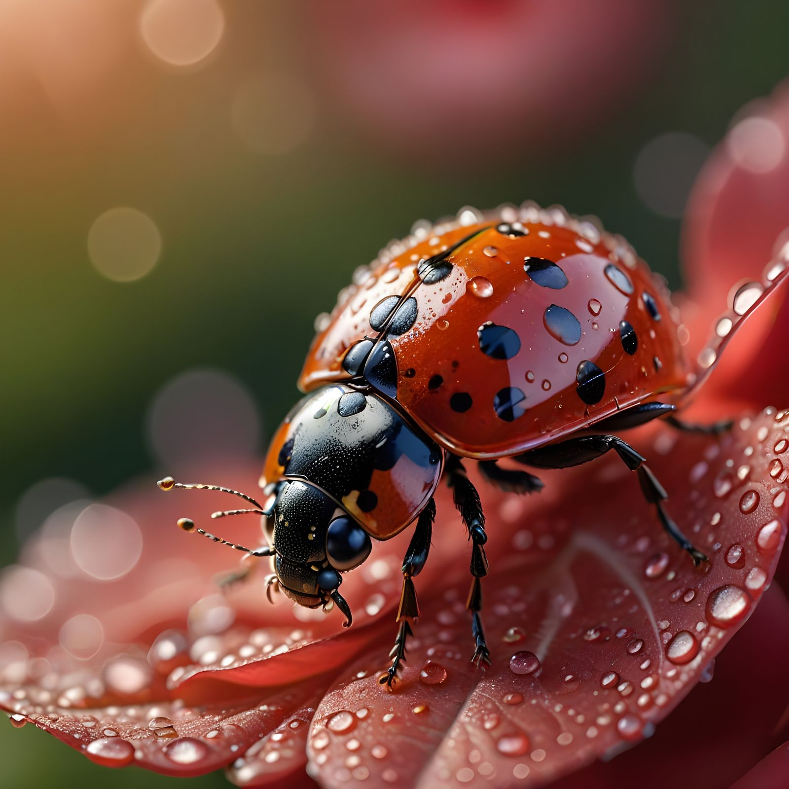 Tiny Ladybug on Dewy Rose Petal in Macro