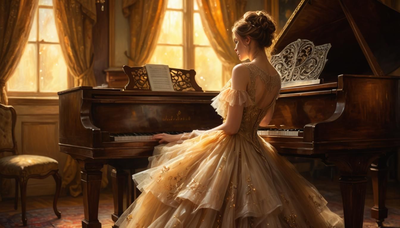 Young Woman at Piano in Antique Room, Oil Painting