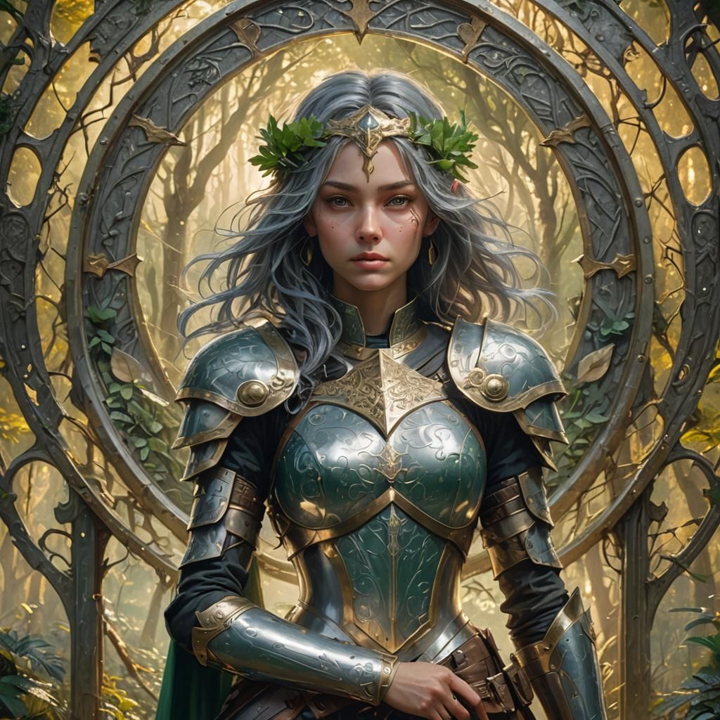Mystical Forest Woman with Silver Shield