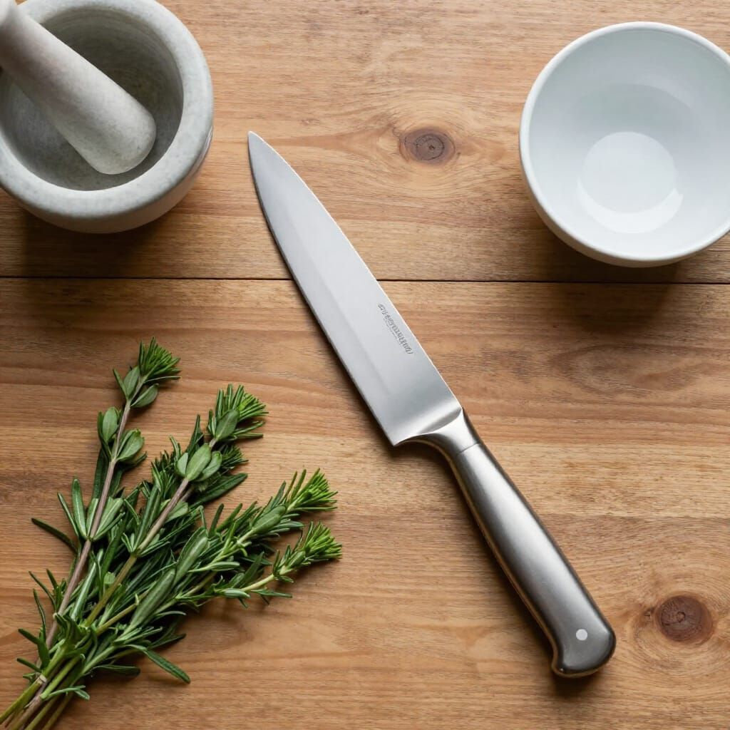 Overhead Flatlay of Chef's Knife with Rustic Kitchen Props