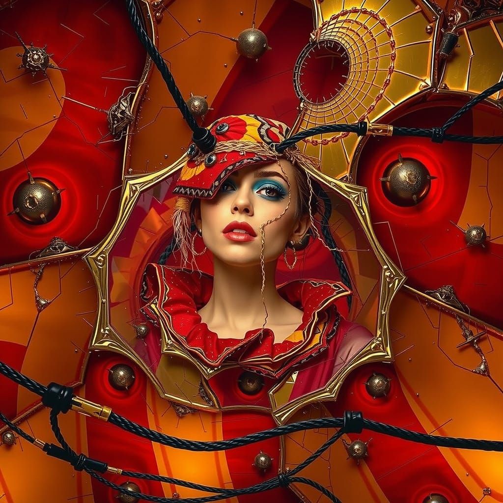 Flamboyant Woman in Clashing Patterns with Projected Overlay