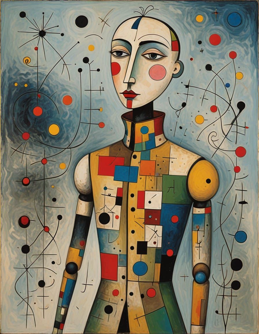 Surreal Puppet in Miro-Inspired Landscape