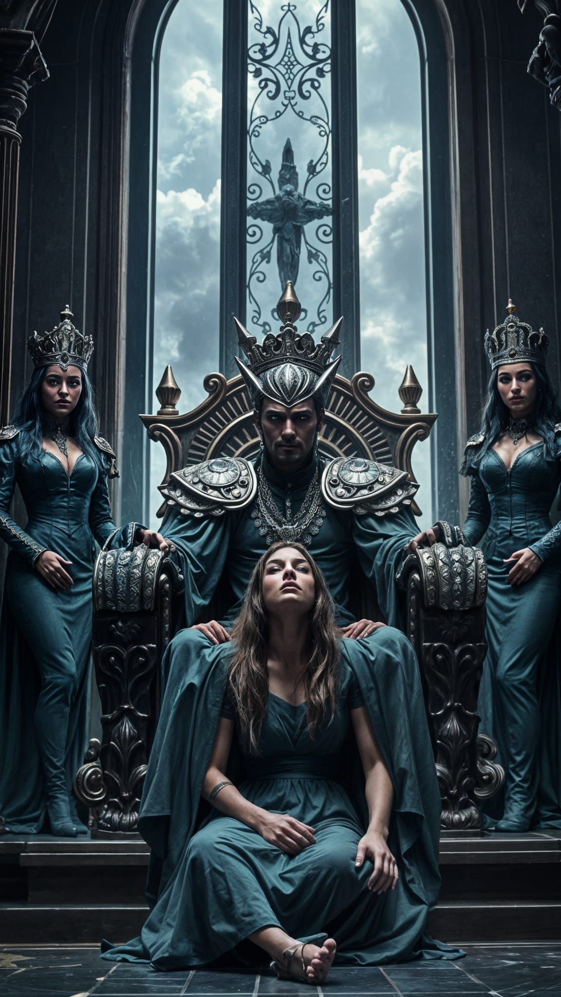 Cruel Space Emperor on Iron Throne with Guards