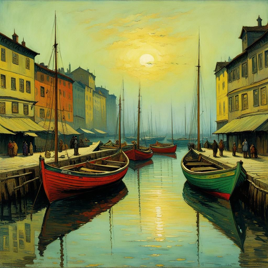 Colorful Fishing Boats at Wharf: Abstract Art