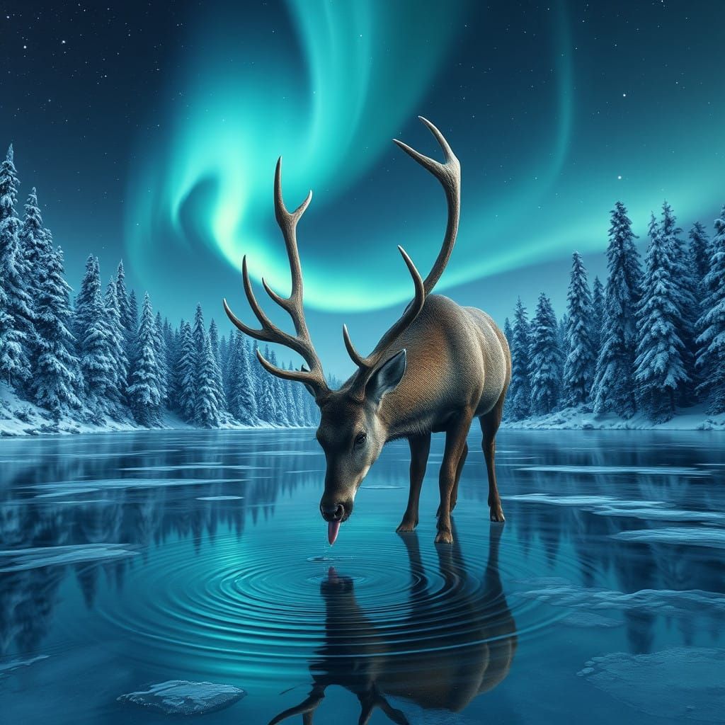 Majestic Deer Laps Up Icy Forest Lake Waters Under Starry Ni...