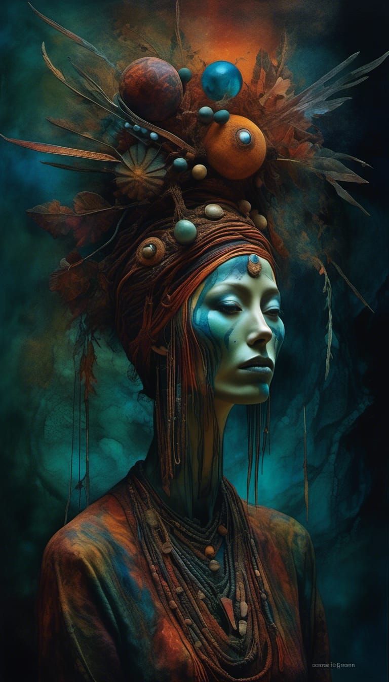 <lora:StrangeWorldShaman:1.0> Beautiful art by Creator Satureya. Acrylic painting in Beksiński's style, liberated woman,...