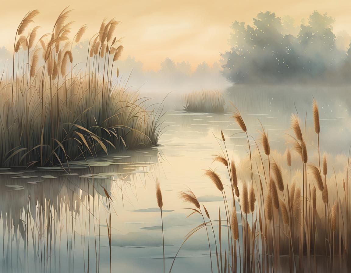 Misty Pond Landscape Painting in Sfumato Style