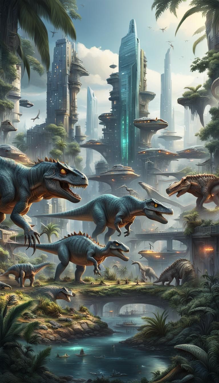Futuristic City Meets Prehistoric Jungle, Hyperrealistic Con...