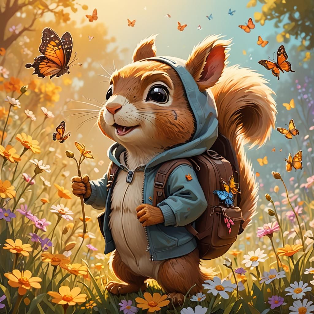 Cartoon Squirrel's Floral Adventure in Disney-Pixar Style