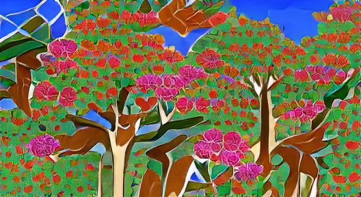 Vibrant Neighborhood in Forest Inspired by Laurel Burch