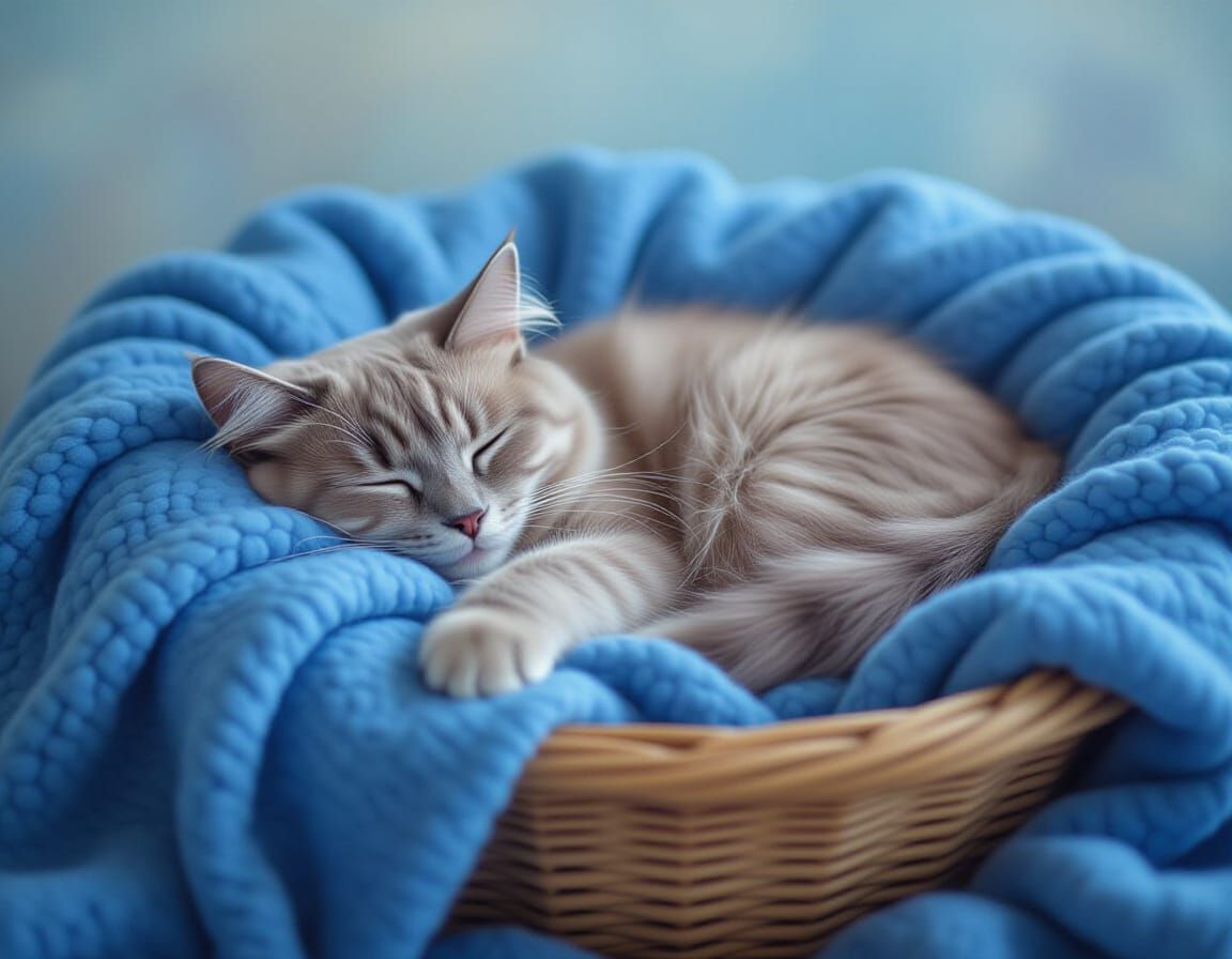American Blue Cat Sleeping in Basket with Blanket