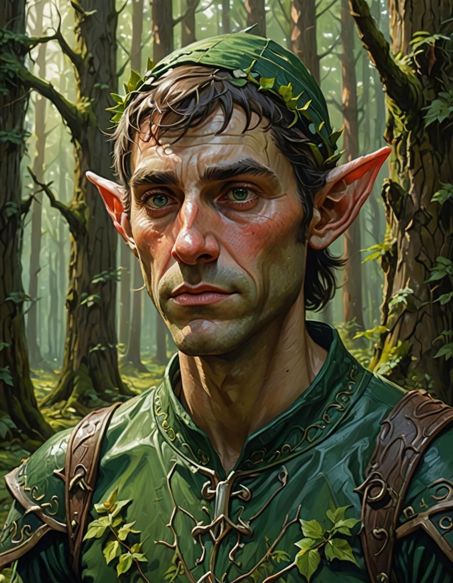 Tired Elf Portrait in Forest, Precisionism Style