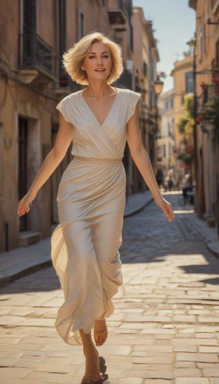 Sensual Impressionist Woman Leaping on a Vintage Street