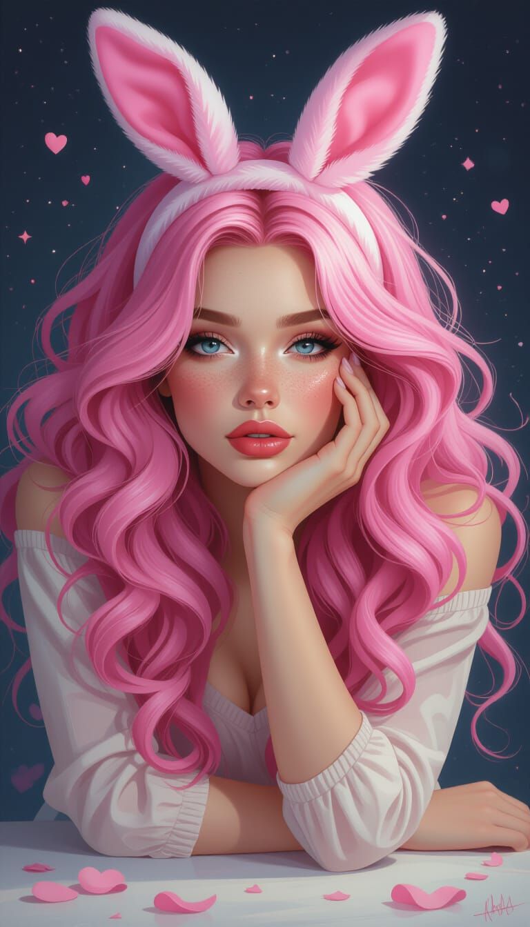 Pink-Haired Woman Portrait with Tattoos and Bunny Ears