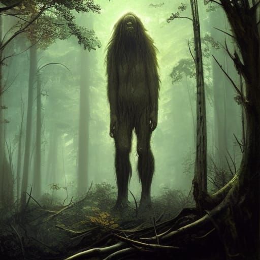 Hyperrealistic Sasquatch in Misty Forest, Horror Art