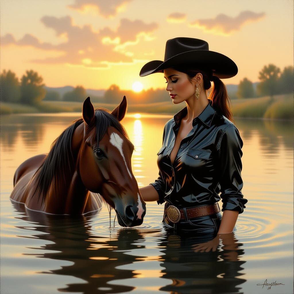 Woman Bathes Horse in Tranquil Lake at Dawn