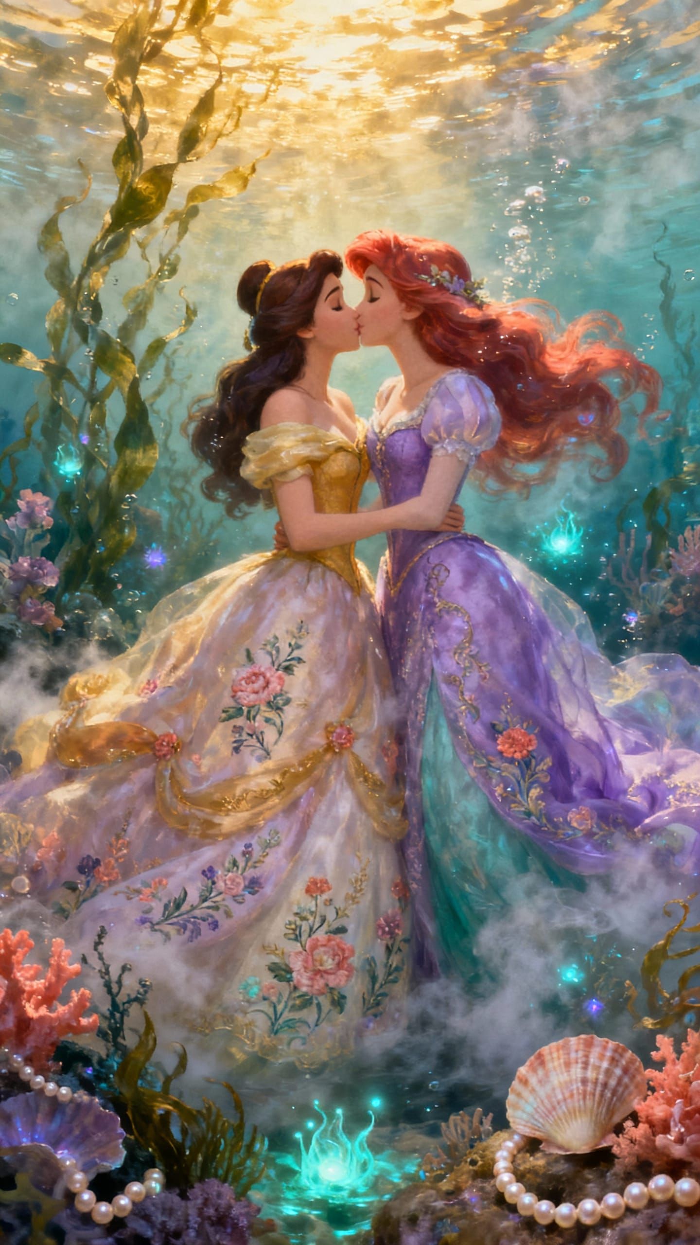 Belle and Ariel Share a Kiss in Dreamy Underwater Scene
