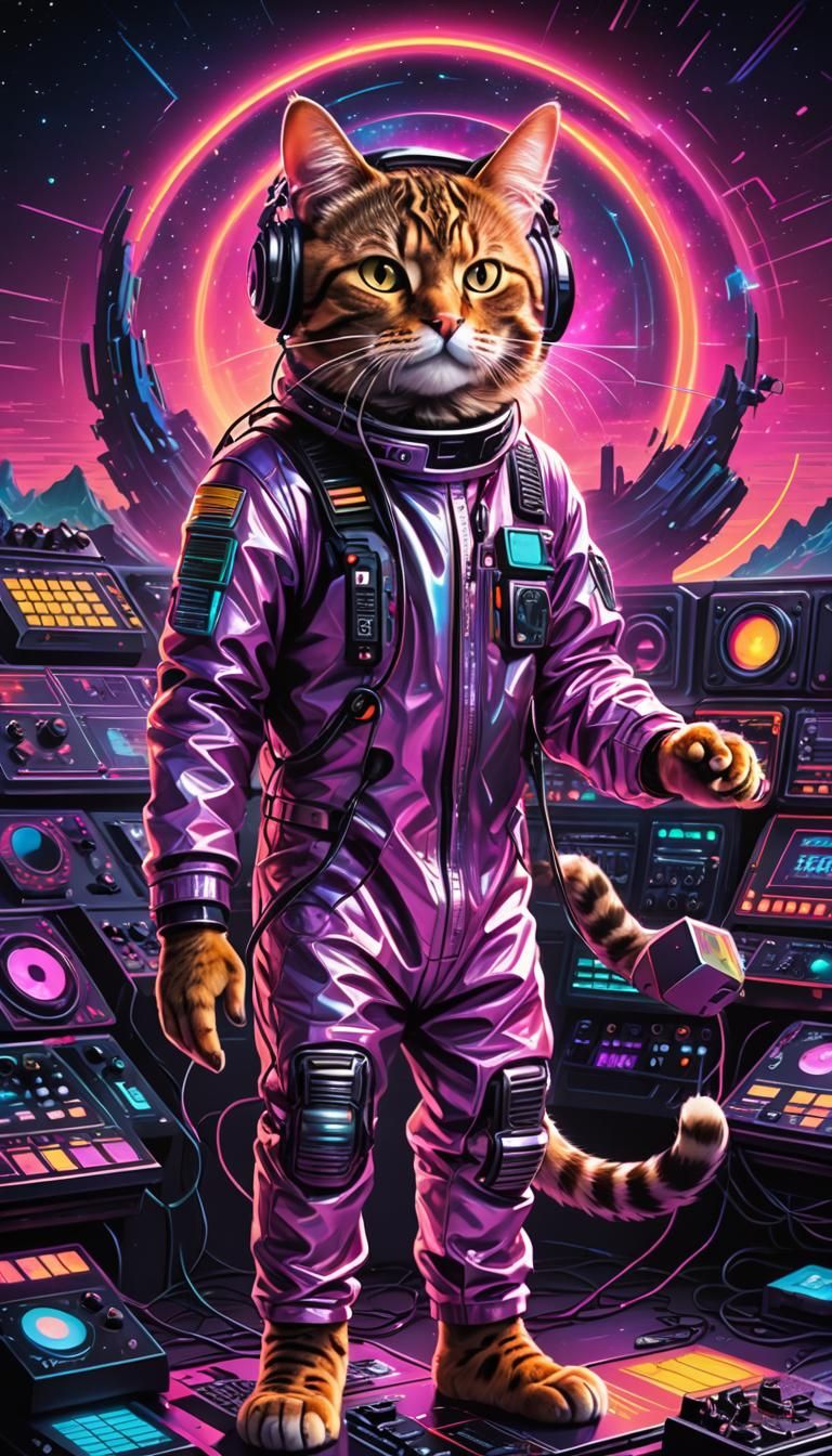 Synthwave Techno Cat DJ in Metallic Colors