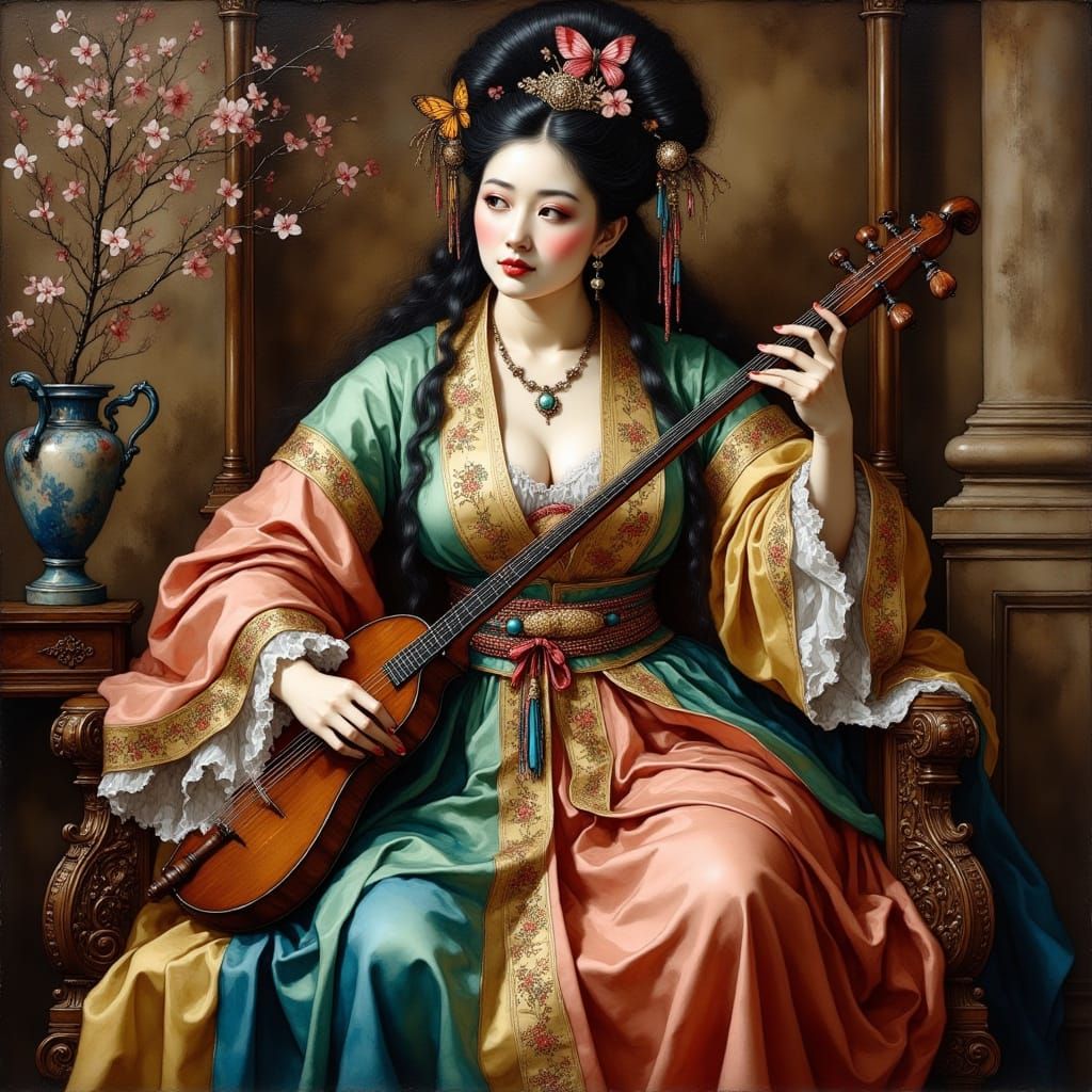 Rubenesque Chinese Musician in Baroque Style