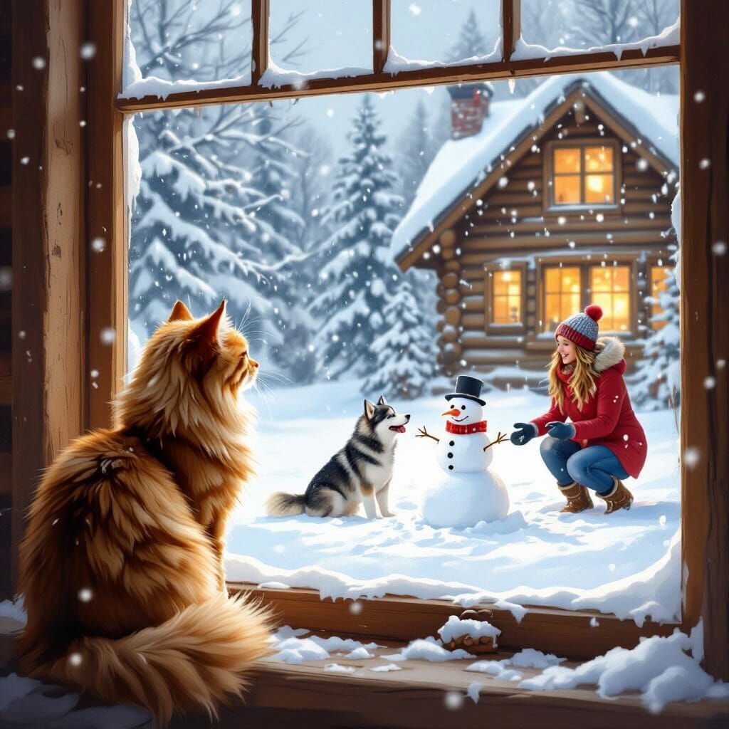 Cozy Cabin Cat Watches Snowfall, Huskies Play Outside