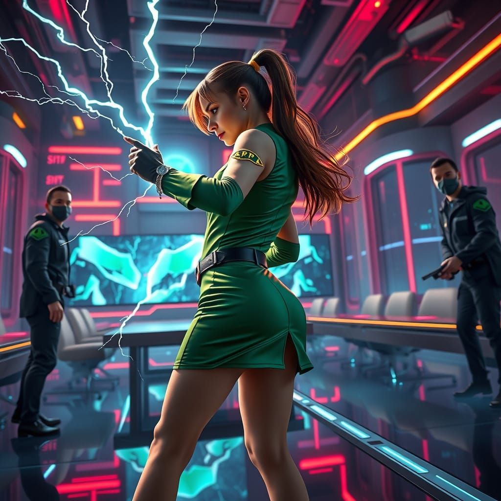 Cyberpunk Mage Unleashes Lightning in Futuristic Boardroom
