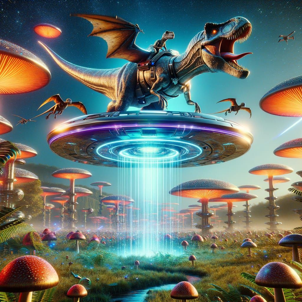 Cyberpunk Spinosaurus Soars Above Neon Cityscape