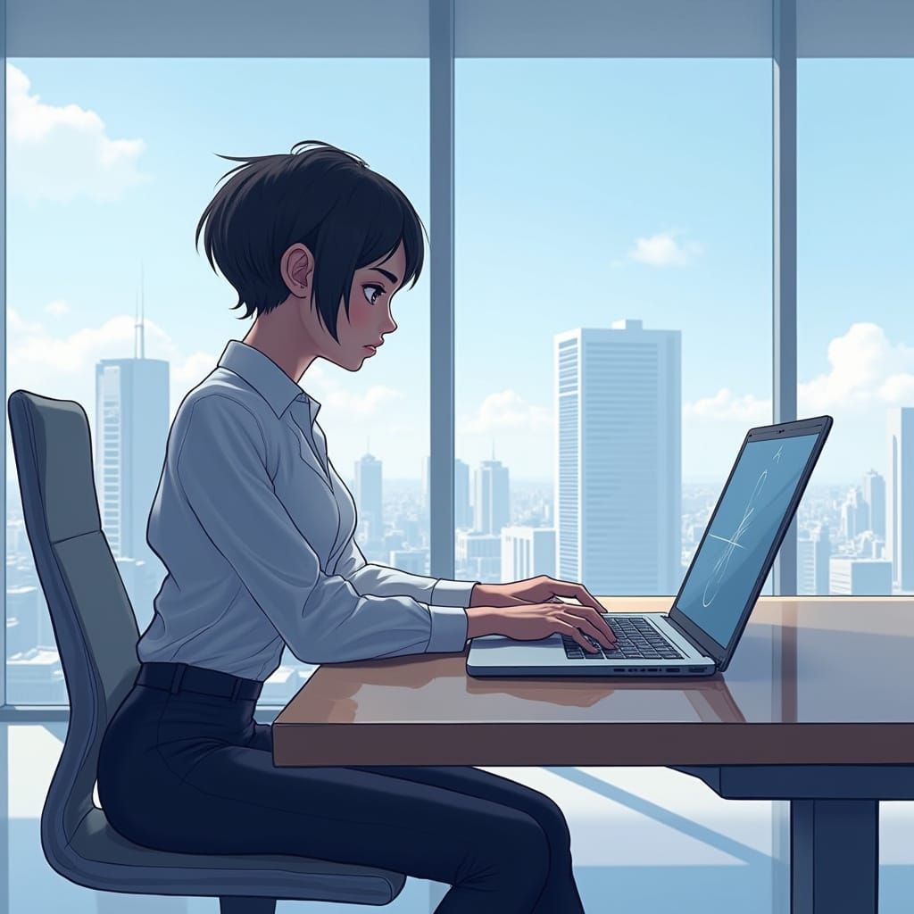 Woman Typing on Laptop in Futuristic Office