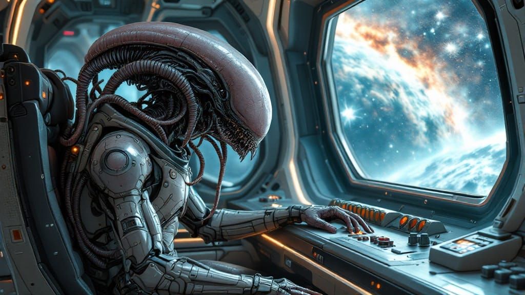 Cosmic Spacecraft Pilot in Cyberpunk Futurism