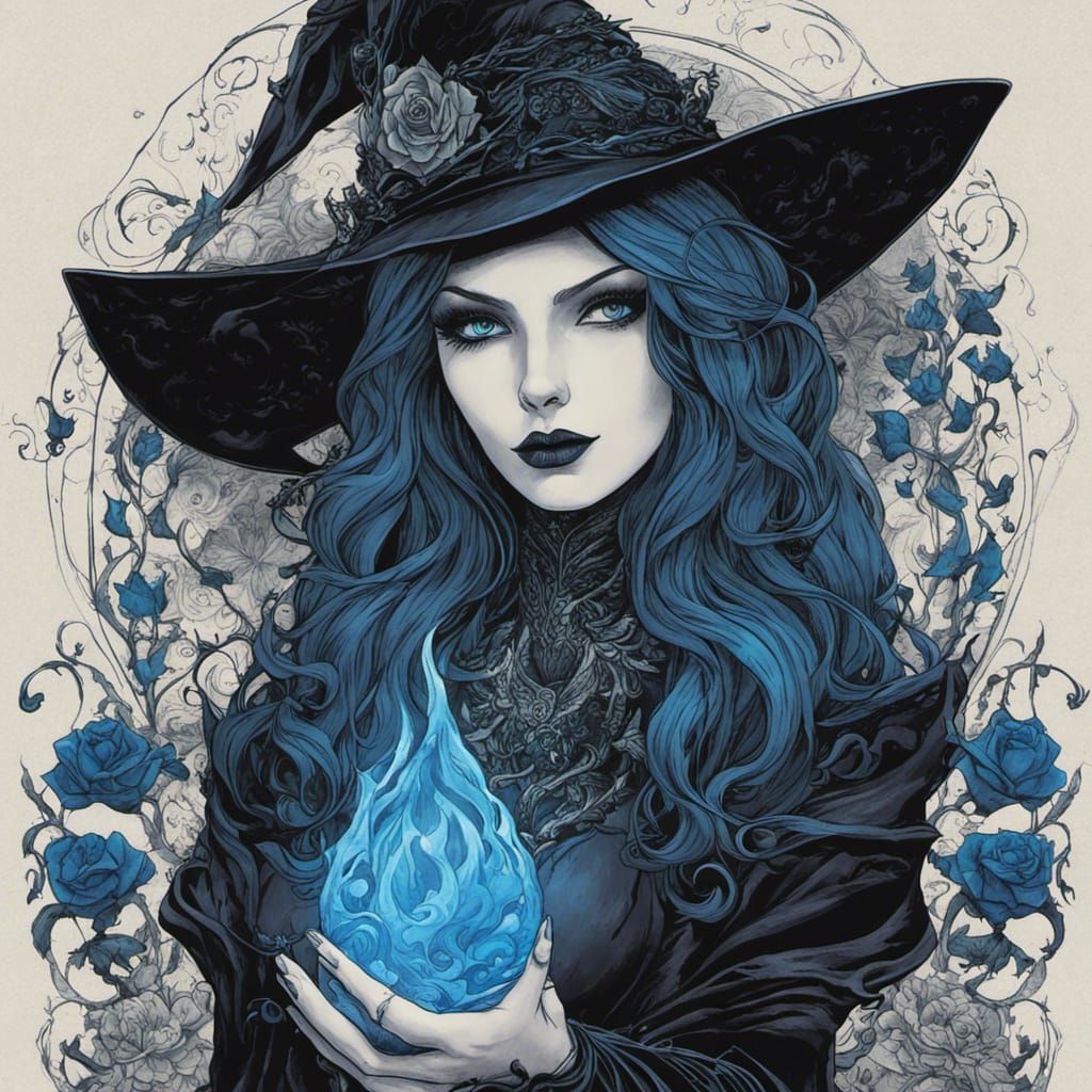 Blue Flame Witch with Black Roses