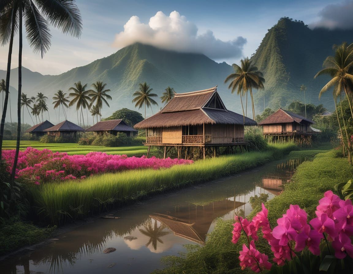 Lush Southeast Asian Landscape with Bamboo House