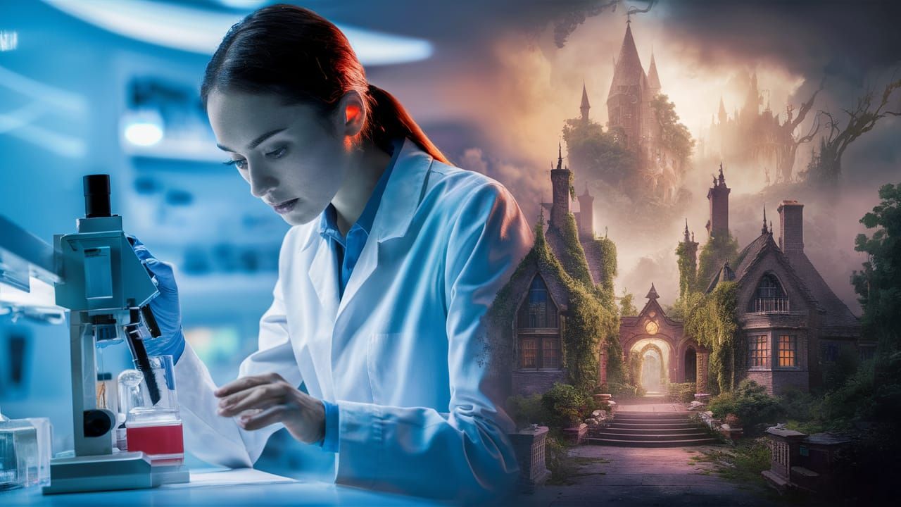 Scientist in Lab with Fantasy Landscape Double Exposure