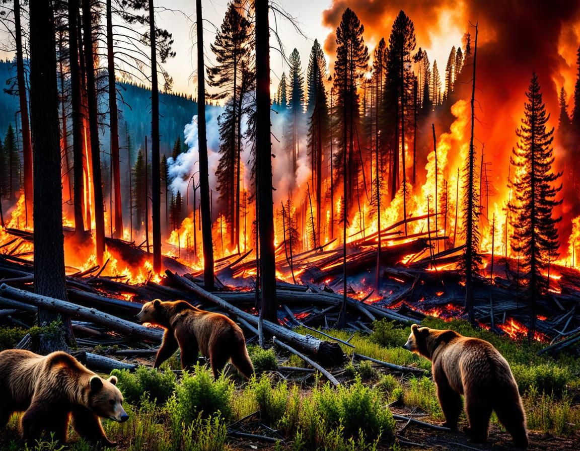 Intense Forest Fire Scene with Wildlife Fleeing