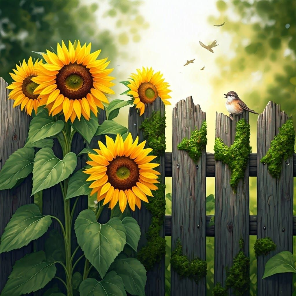 Watercolor Fence with Sunflowers and Bird
