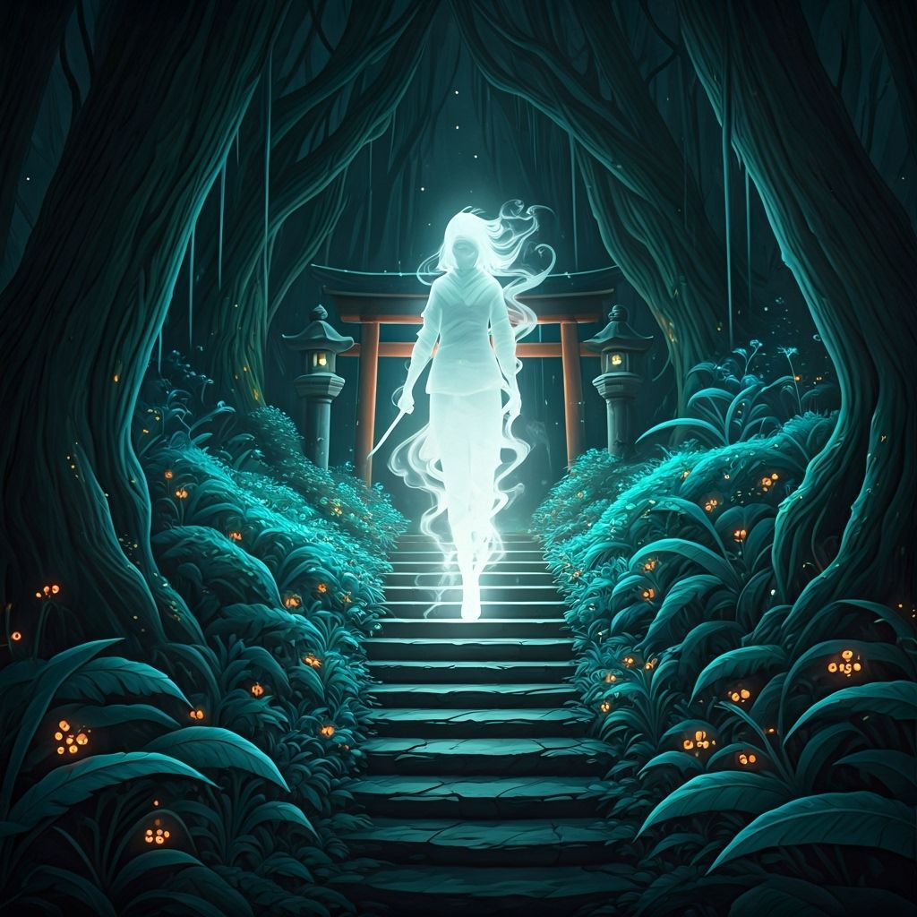 Spectral Kunoichi Guards Mystical Shrine in Bioluminescent F...
