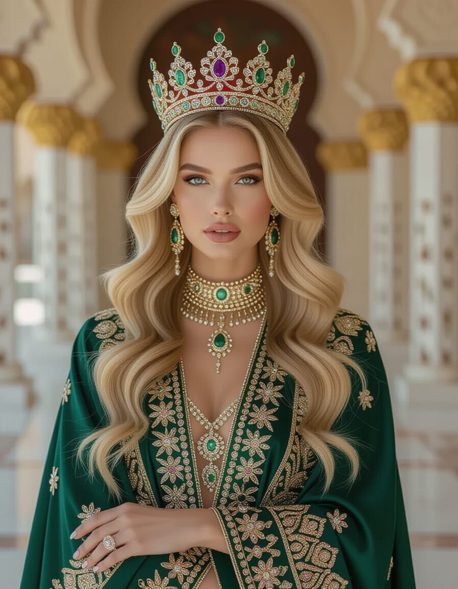 Regal Blonde in Luxurious Abaya With Crown