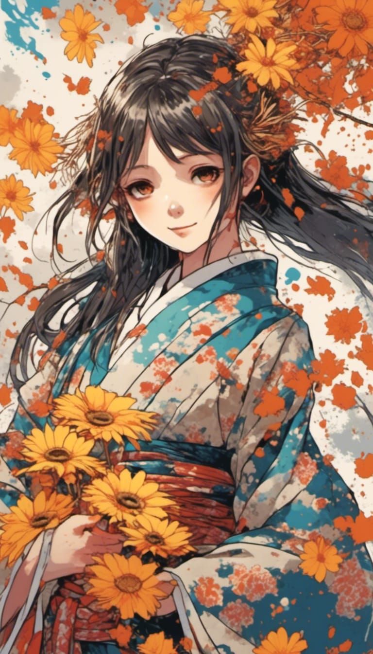 Anime Girl in Kimono with Sunflowers and Falling Leaves