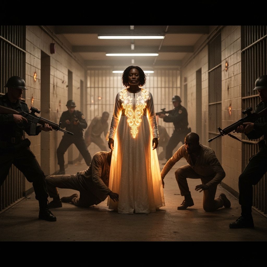 Radiant Woman in Prison Corridor, Cinematic Film Still
