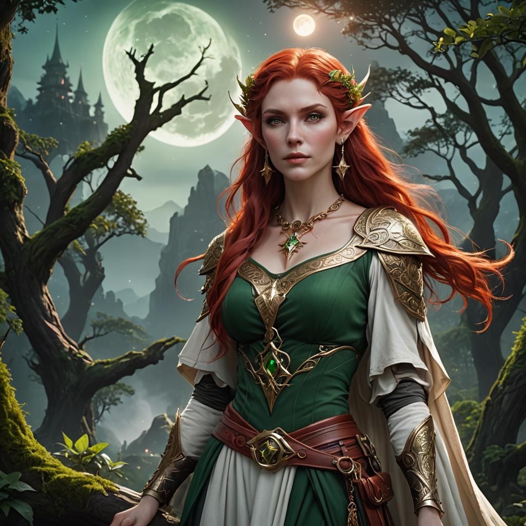 Fantasy Elf Druid with Scarlet Hair and Jewelry