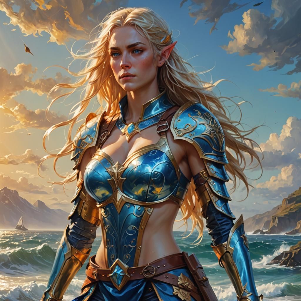 High Elf Ranger in Blue Armor, Digital Oil Painting