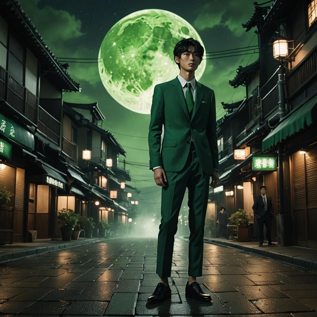 Japanese Teen in Green Suit, Kyoto Street at Night