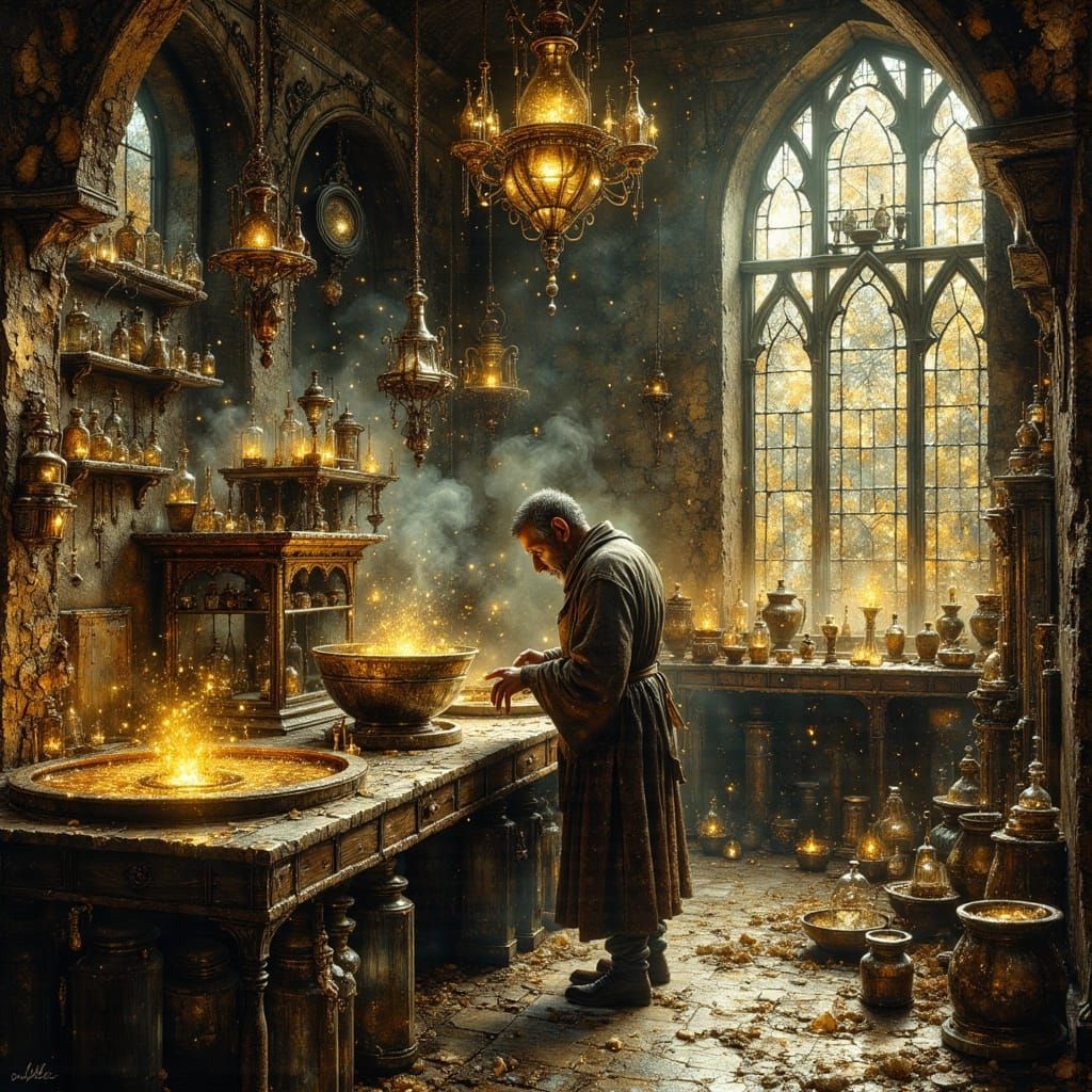 Goblin Alchemist in Laboratory as Oil Painting
