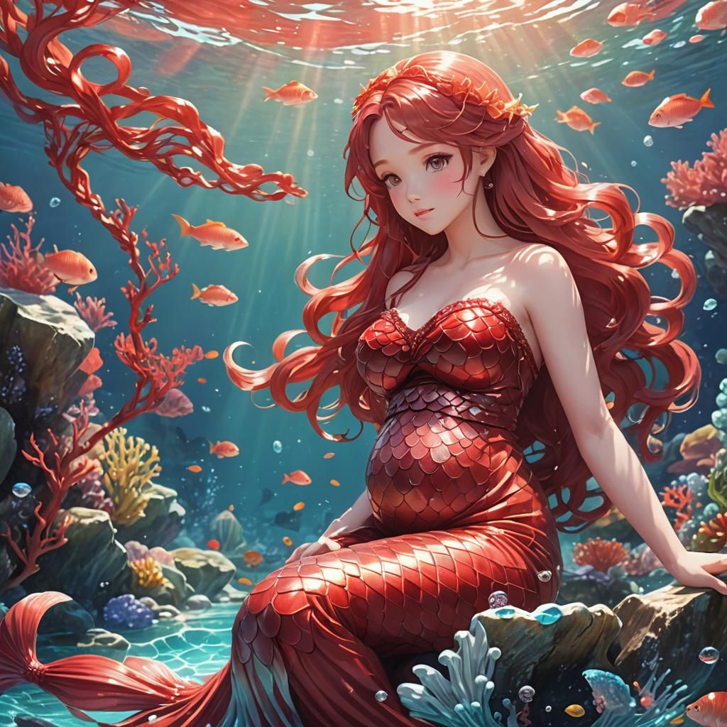 Pregnant Mermaid in Anime Style on Coral