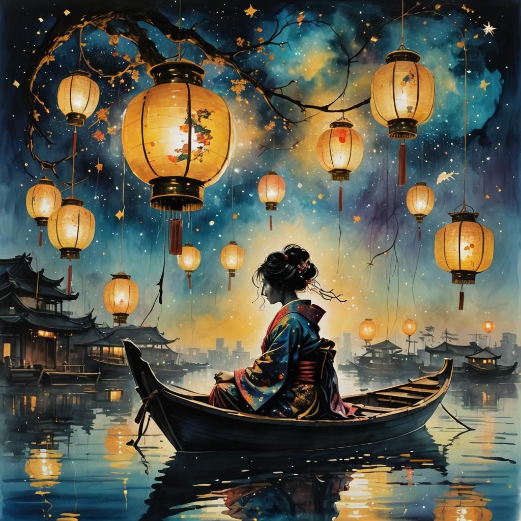 Geisha Silhouette at Lantern Festival in Surreal Style