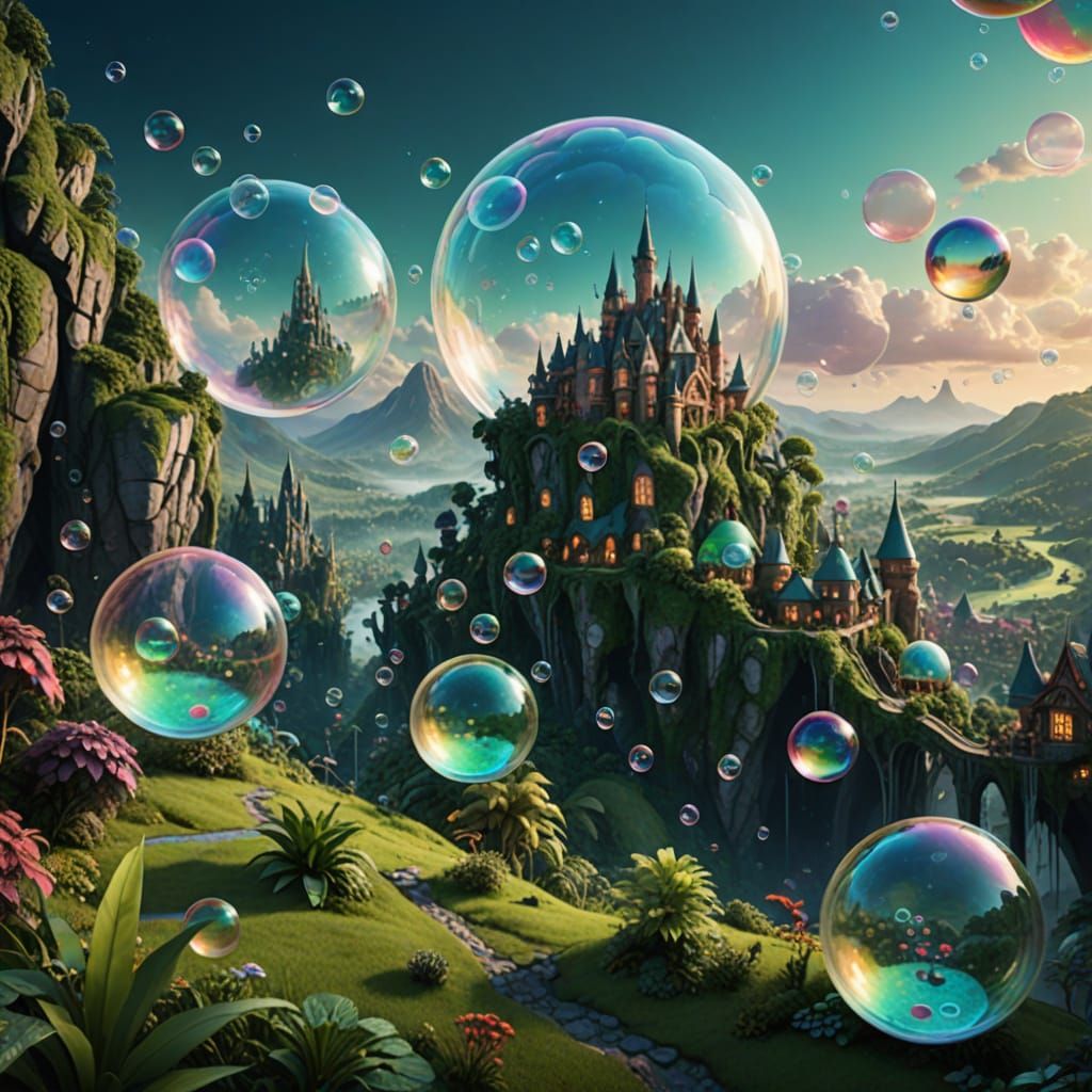 Whimsical Bubble Cityscape Floating Above Lush Valley