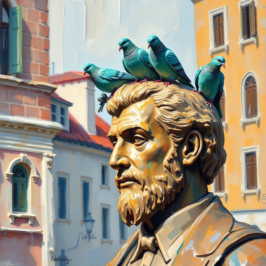 Emerald Doves on Town Square Statue in Neo-Impressionist Sty...