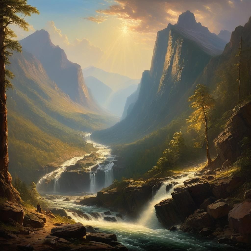 Hudson River School Landscape Painting with Waterfall