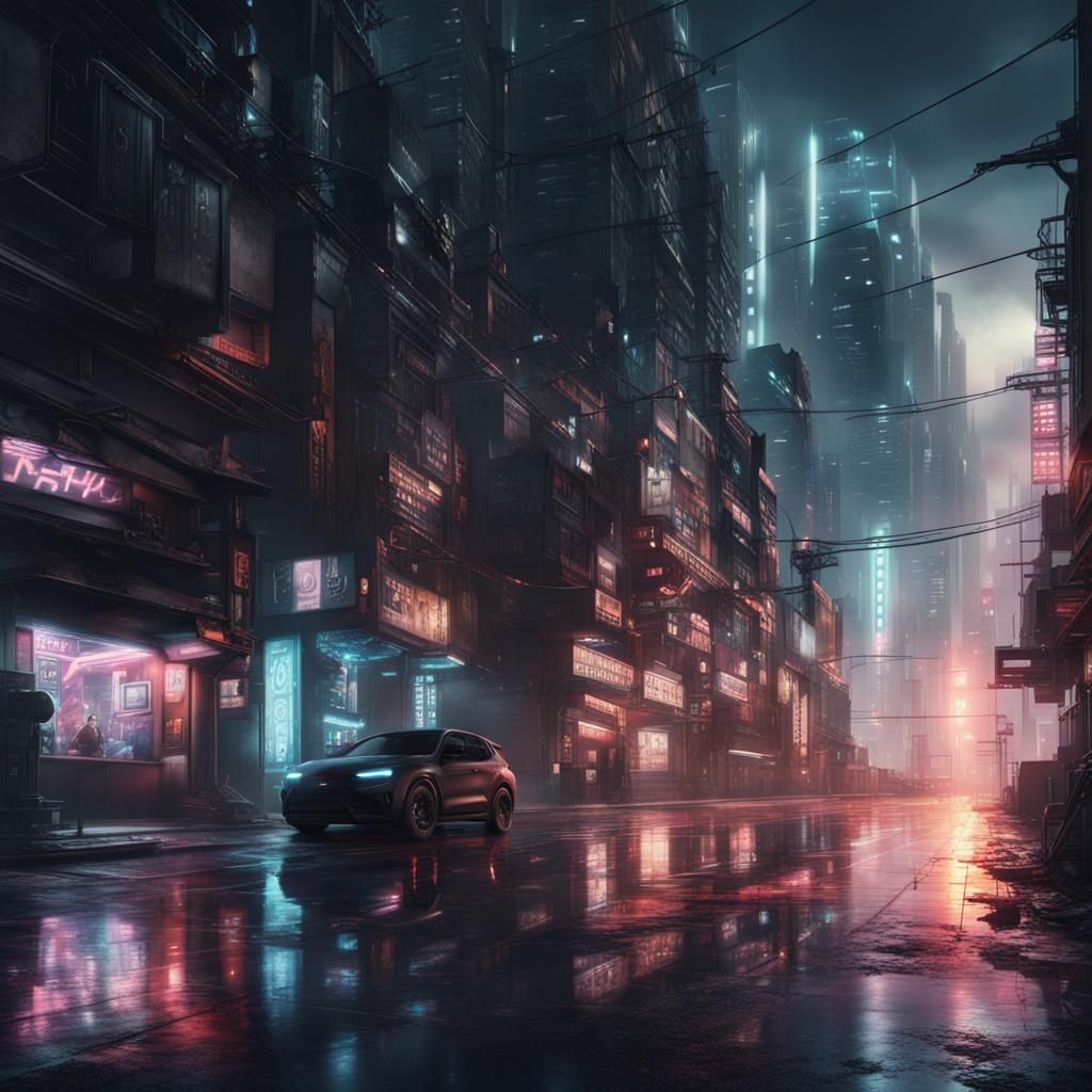 Cyberpunk City Street at Night: Digital Matte Painting